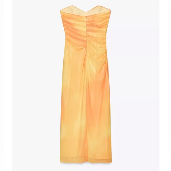 Zara NWT yellow orange tie dye printed tulle midi draped ruched sweetheart dress - Picture 5 of 16